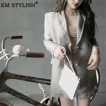 

Women's Blazer 2019 Autumn New Grey Thin Long section Long-sleeved Blazer Female Mid-length Pearl Organza Mesh Jacket