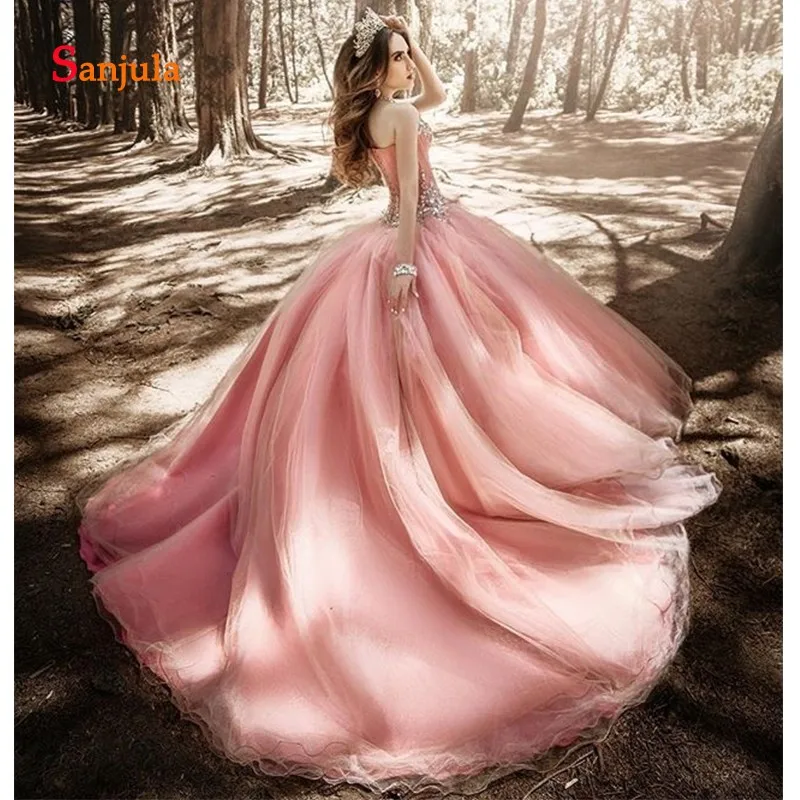 Розовые фатиновые Бальные платья бальное платье Милая блестящее длинное, блестящее, вышитое бисером Сладкий 16 платья robe de bal D1230