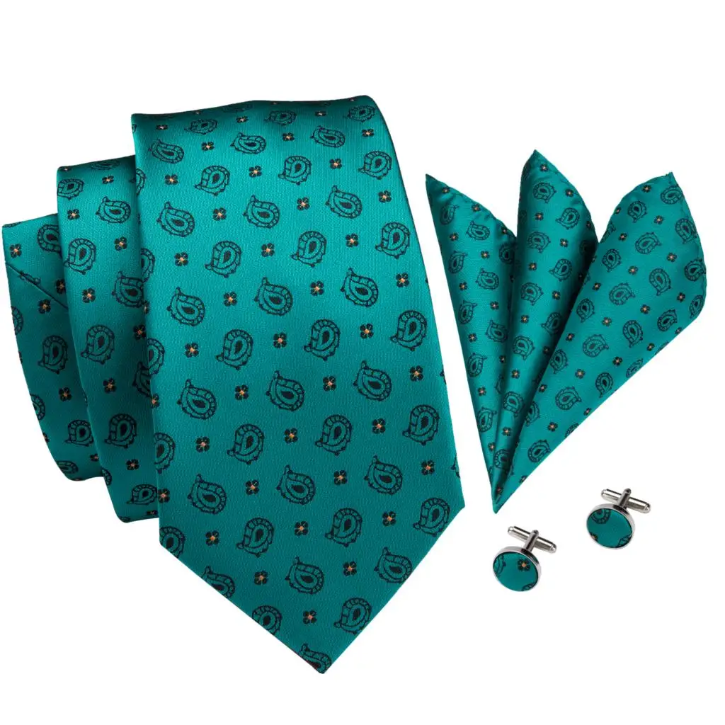 Hi-Tie New Green Silk Mens Ties for Men 8.5cm Classic Men's Wedding Party Tie Set Paisley Animal Neck Tie Handkerchiefs SN-3211