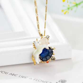 

Enamel glaze ornaments holy Unicorn Blue Crystal White Horse Necklace