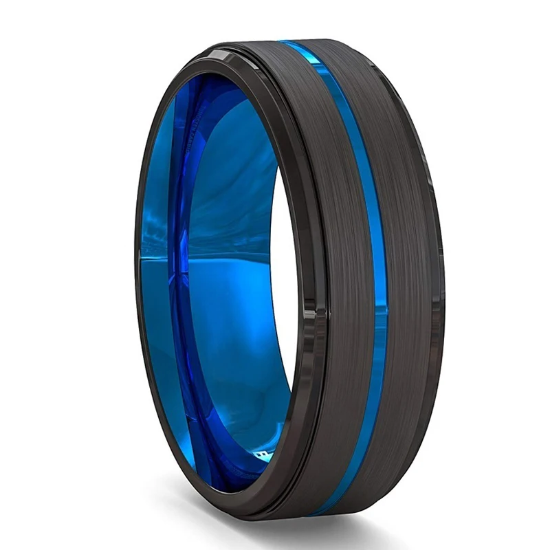 Wedding Ring Finger Ring Tungsten Ring 8MM Men's Blue Groove Beveled Edge Tungsten Carbide Ring Black Celtic Dragon Blue carbon fibre Ring Men Wedding Band