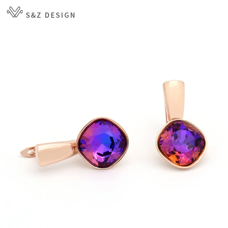 S&Z DESIGN New Fashion Square Crystal Dangle Earrings For Women Luxury Party Wedding Jewelry 585 Rose Gold Color Eardrop