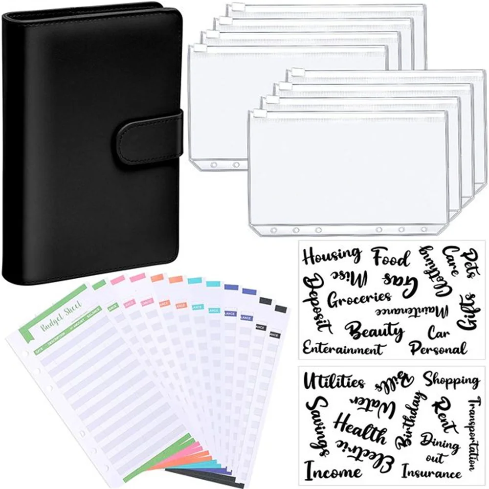 Label Stickers – Leather Binder and Organizer with Zipper Pockets for Financial Planning 28Pcs Budget Planner with Cash Envelopes Budget Sheets A6 PU Leather Notebook Budget Binder black 