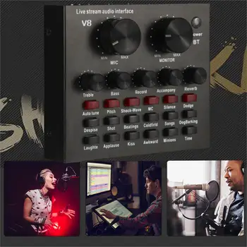 

V8 Multifunctional Live Sound Card USB Audio Interface Intelligent Volume Adjustable Audio Mixer Sound Card for Recording Speech