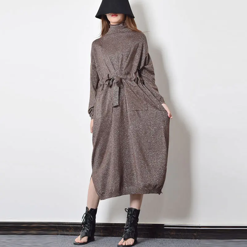 XITAO/женское платье с завязками на талии и бантом, зима, модное платье с разрезом, воротником-хомутом, длинным рукавом, WQR2035