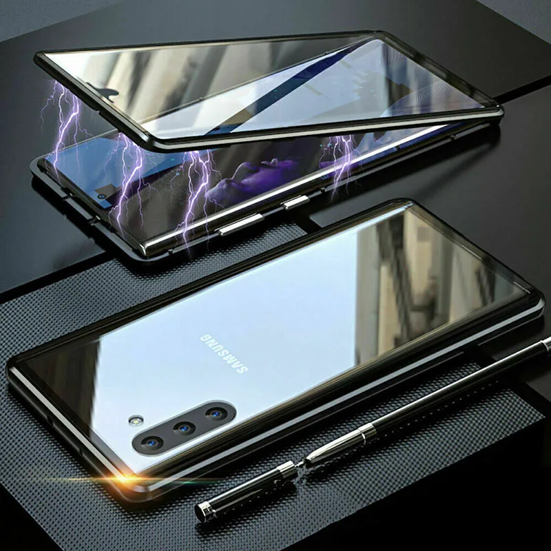 Передний Задний стеклянный металлический магнитный поглощающий защитный чехол для samsung Galaxy Note 10 Мобильный чехол для телефона - Цвет: Black