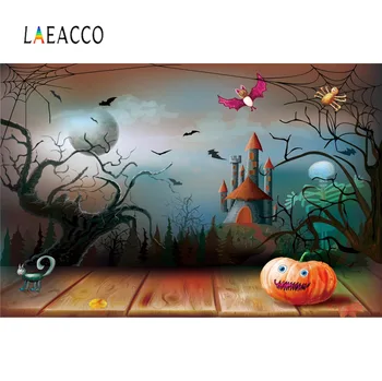 

Laeacco Fairytale Castle Pumpkin Wooden Board Happy Halloween Party Old Tree Bat Child Portrait Photo Background Photo Backdrops