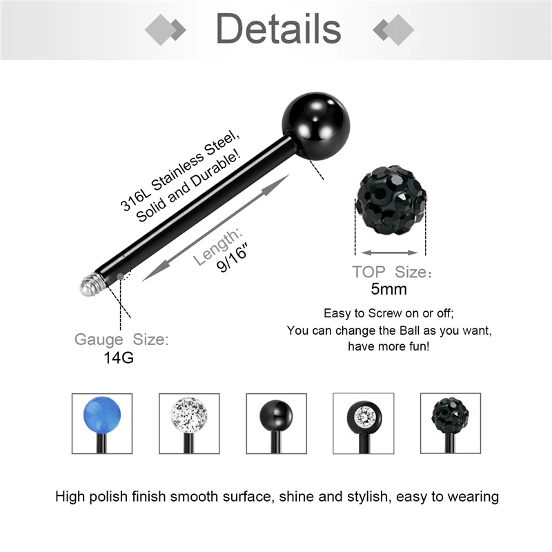 JFORYOU14G кольца для сосков 12mm14mm16mm18mm хирургические стальные сверкающие металлические шарики/ристоун/конфеты цветные шарики соска штанги для пирсинга