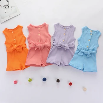 

Newborn Infant Girls Romper with Belt Solid Plain One Piece Jumpsuits Pajamas Toddler Sleeveless Button Outfits