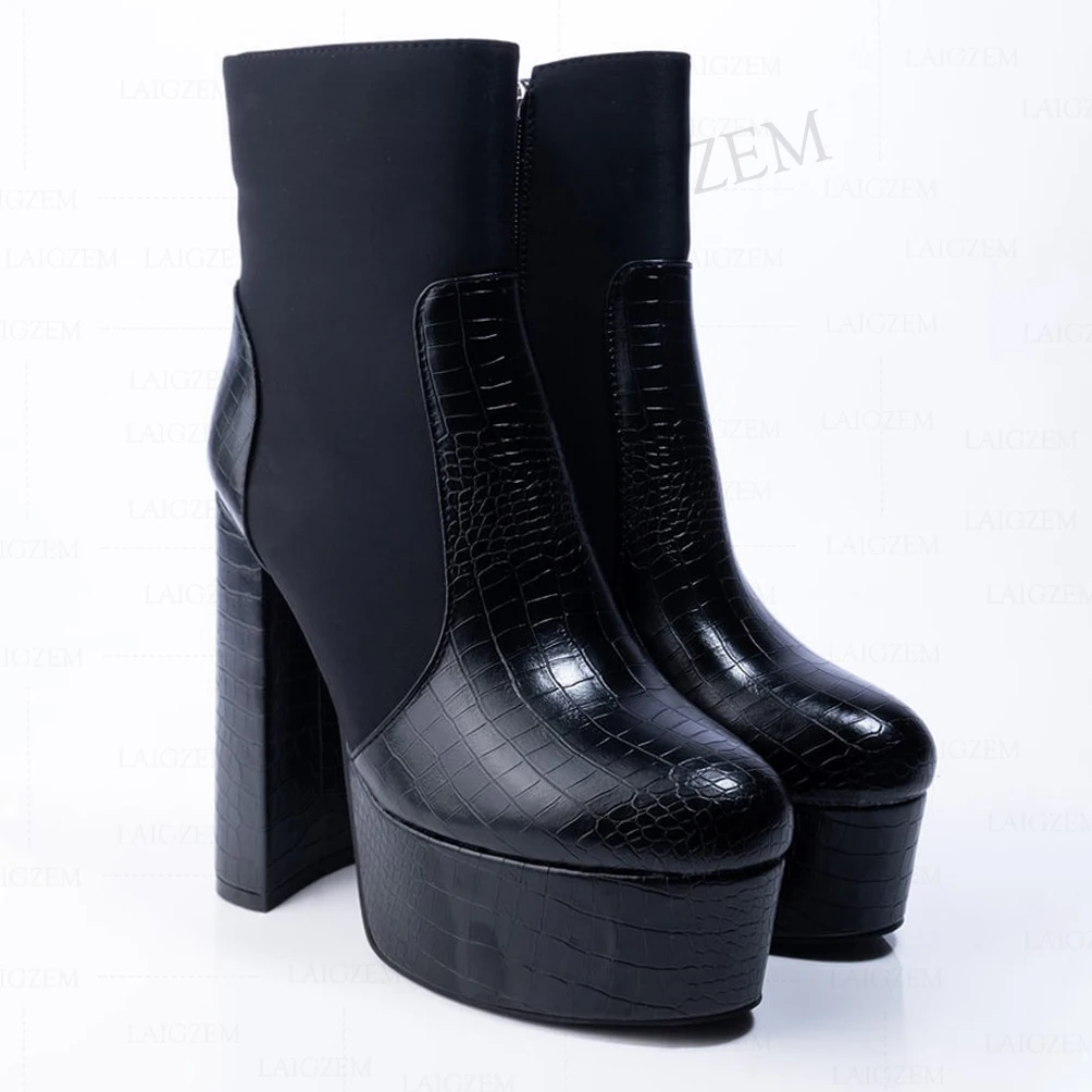 

DOHBANER Women Ankle Platform Boots Black Patchwork Thick Heels Block Booties Femmes Bottes Ladies Shoes Woman Plus Size 38 43