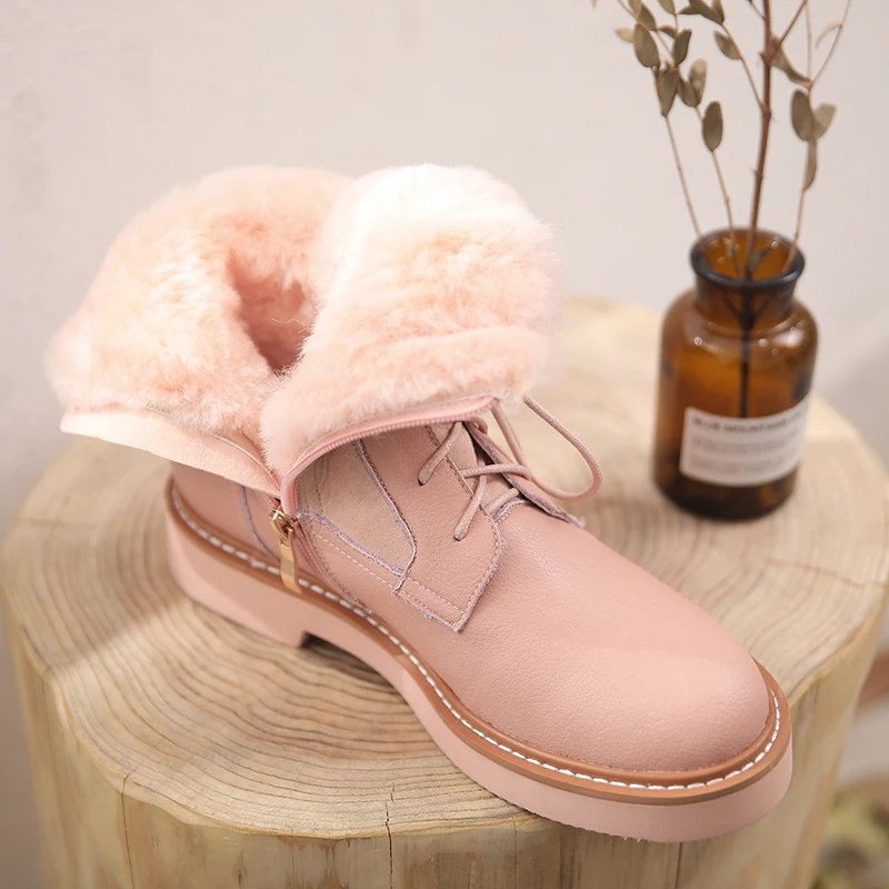 

Russian winter -30 degrees HOT Women ankle boots leather with fur boots Wool lining warm boots snow boots Original college style