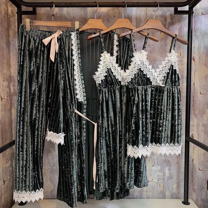 Deep Green Яркие бархатные модные мягкие женские пижамные комплекты из 4 предметов на осень и зиму, винтажные сексуальные комплекты халатов, элегантные женские пижамные костюмы - Цвет: Deep Green