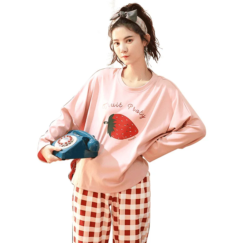 

Explosive Strawberry Pajamas Women's Spring And Autumn Sweet And Long Sleeve Pants Homewear Set