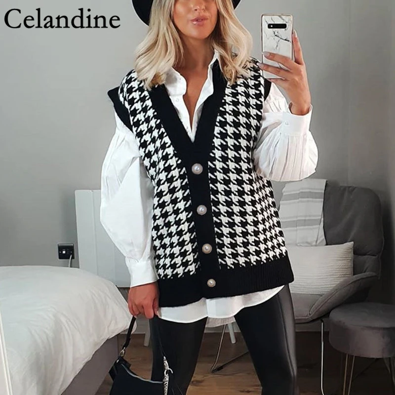 houndstooth v neck vest