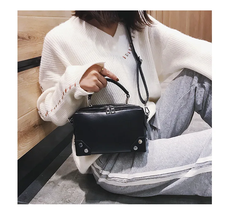 MJ Fashion Box Shape PU Leather Handbag Vintage Rivet Crossbody Bag 2019 New Casual Large Capacity Women Messenger Shoulder Bags (14)