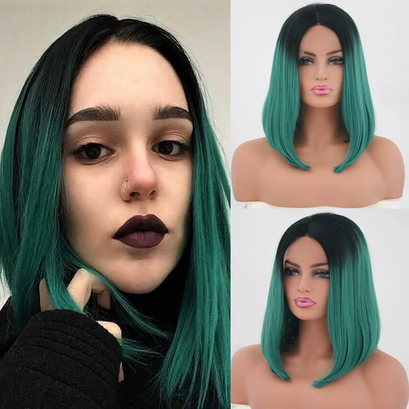 

RONGDUOYI Short Ombre Green Synthetic Lace Front Wig Middle Part Straight Two Tone Cosplay Bob Front Lace Wigs for Women