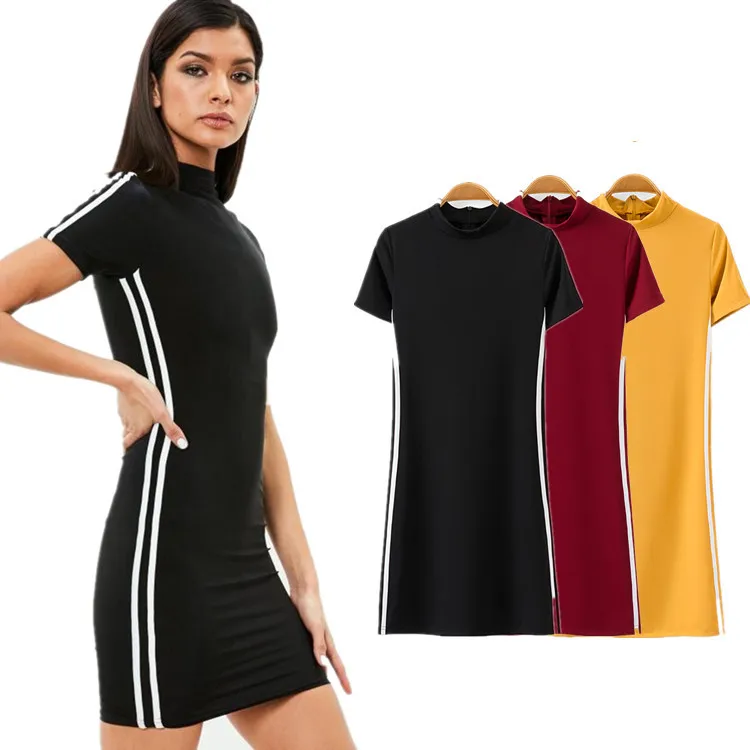 

Export WOMEN'S Dress New Style Short-sleeve Dress Sporty Side Stripes Tight-Fit High Collar Skirt