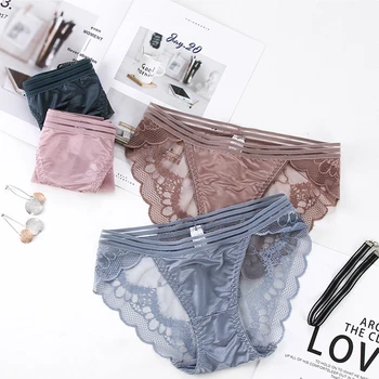 

New ladies openwork lace side ice silk sexy no trace middle and low waist transparent underwear ladies triangle briefs