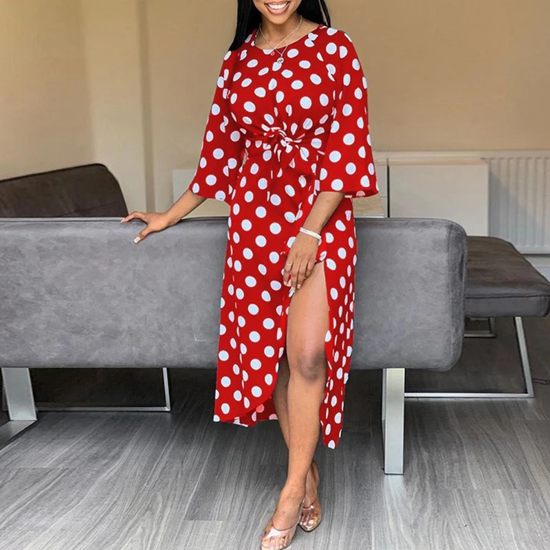 

Sexy Dot Printing Sleeve Irregular Slit Bowknot Dresses Women's Round Neck Red Vintage Long Casual Dress Office Streetwear