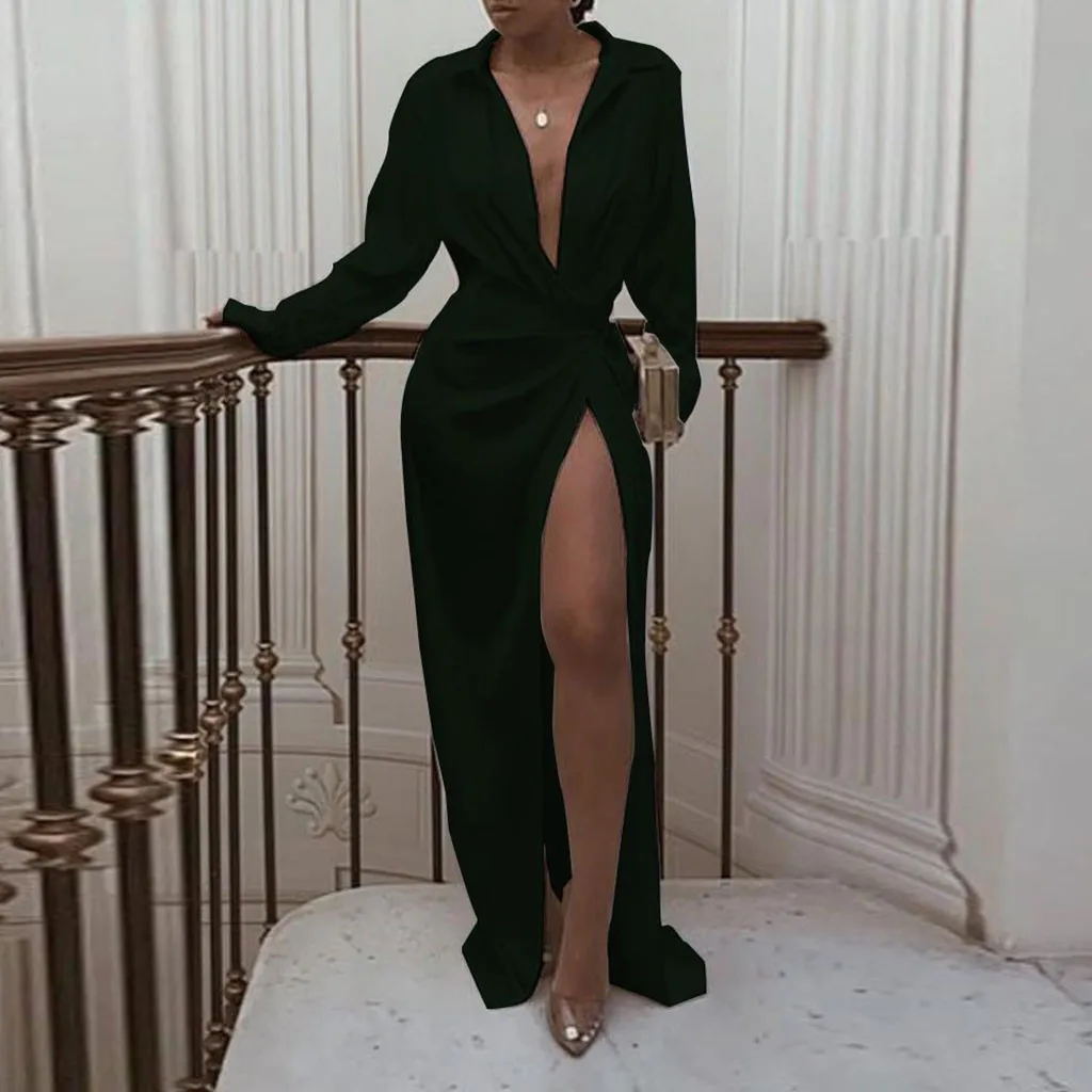 

Vintage Dress plus size Wrap Dress long sleeve Bohemian Dress Fashion Deep V Solid Ruched Nightclub Holiday Vestidos De Verano