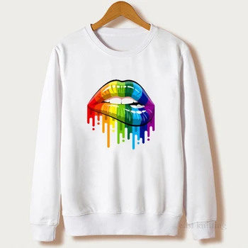 

Fashion Cartoon Print Color lip Long Sleeve Women Hoodie Sweatshirt Ladies Slouch Pullover