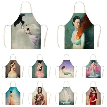 

Lady Cute Girl Imagine Fantasy Oil Painting Kitchen Aprons Unisex Dinner Party Cooking Bib Funny Pinafore Cleaning Apron WQTP119