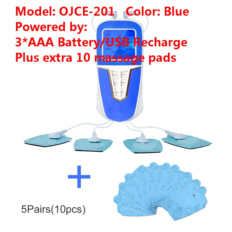 blue and 10 pad OLIECO USB Перезаряжаемый импульсный массажер электрический мышечный Стимулятор Tens акупунктурная терапия портативный в спине полная боль в теле - Цвет: blue and 10 pad