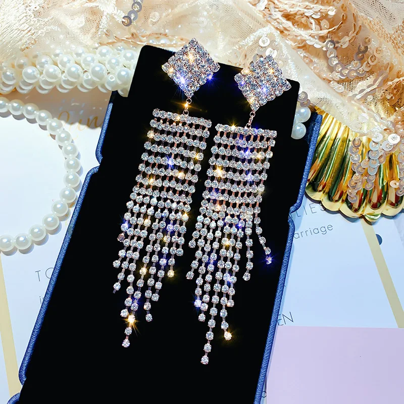 

Long Tassel Crystal Drop Earring for Women Shiny Silver Color Rhinestone Dangle Earrings Wedding Party Jewelry