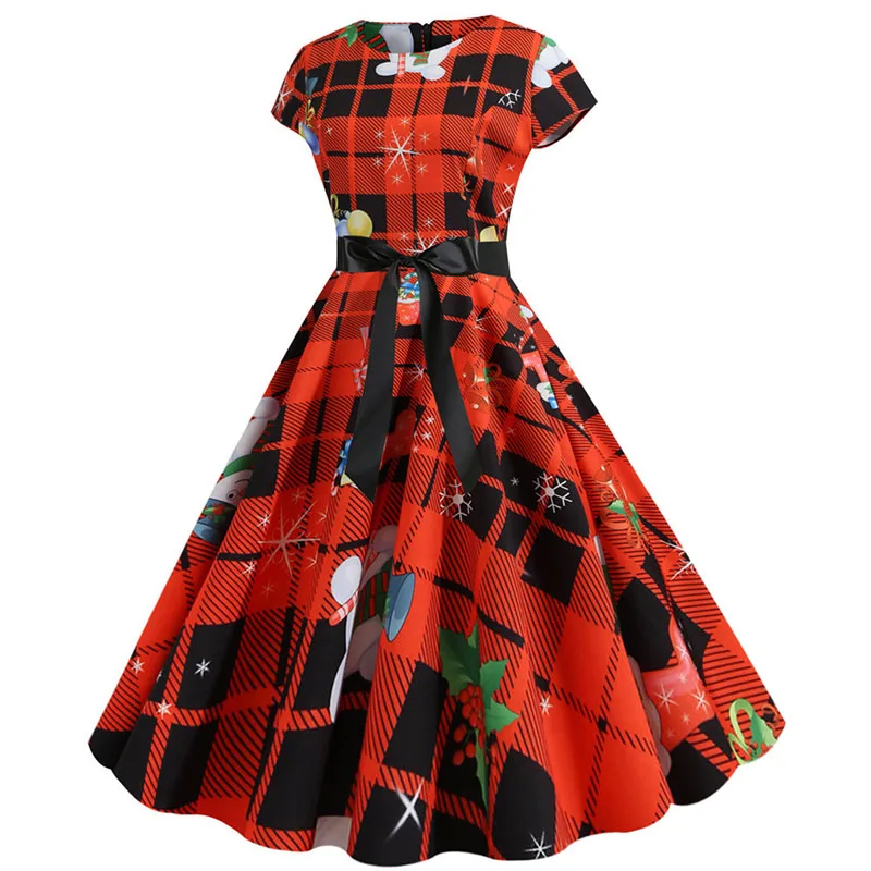 Plus Size Red Plaid Print Elegant Vintage Party Christmas Dress Women Summer Short Sleeve Casual pin up Midi jurk Robe