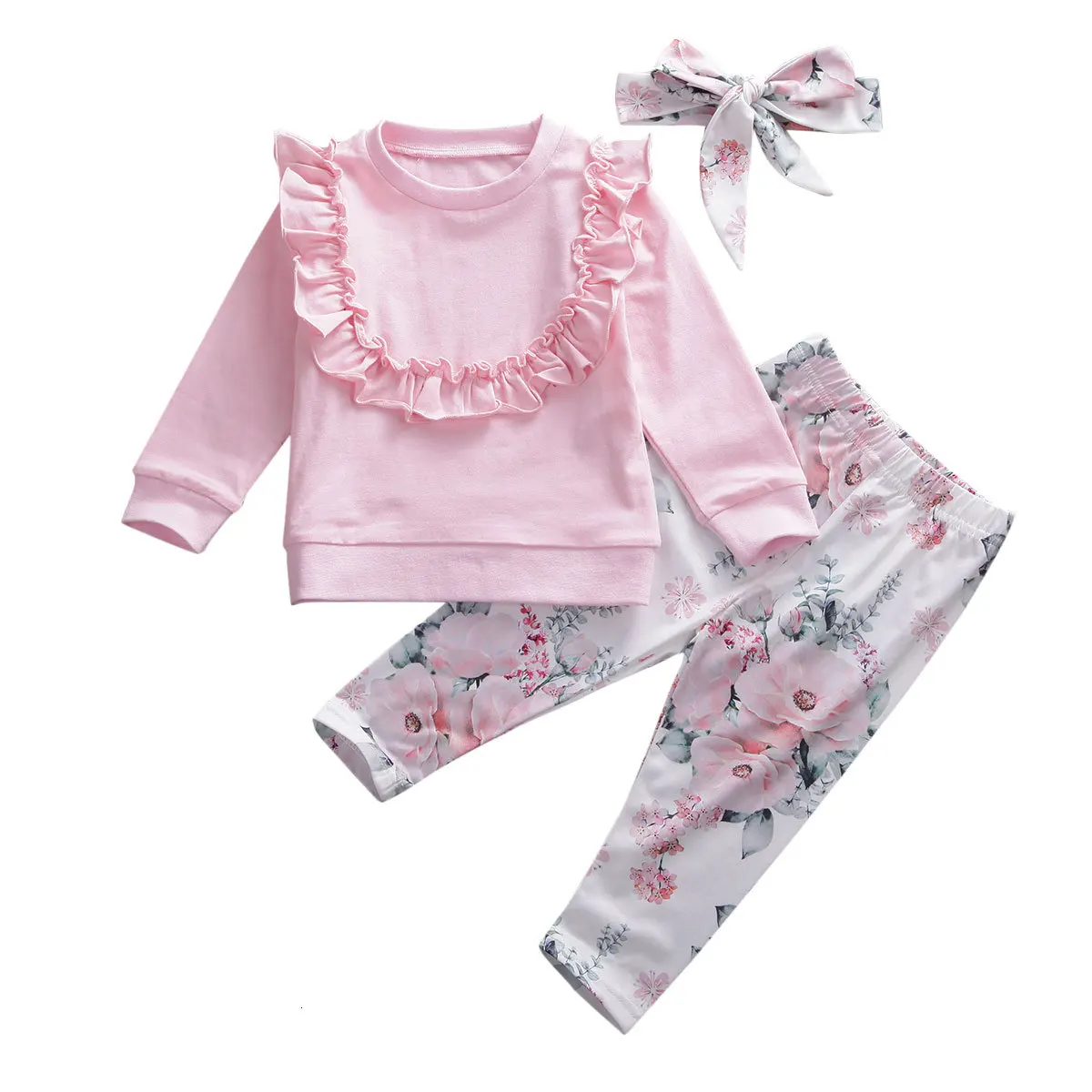 Детский комплект с цветочным принтом для маленьких девочек, топы с оборками, штаны, леггинсы, повязка на голову, комплект одежды для 0-24 месяцев