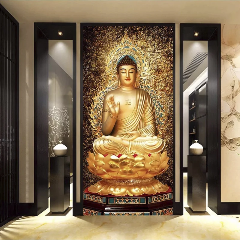 

Dropship Custom Chinese Style Golden Buddha Statue Decorative Painting Porch Corridor Entrance Mural Wallpapers On The Wall