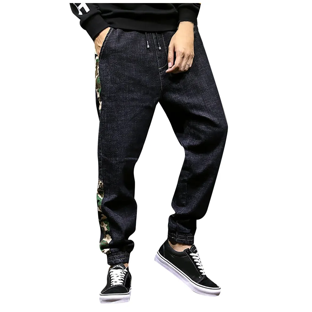 Jaycosin/джинсы в японском стиле; модные Лоскутные камуфляжные джинсы; потертые Брюки с карманами; свободные штаны-шаровары - Цвет: Черный