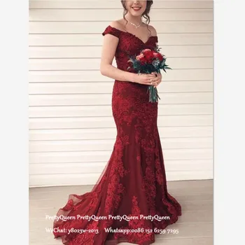 

Modest Burgundy Lace Evening Dress With Appliques Off Shoulder Sweep Train Long Prom Dresses For Women Robe De Soiree