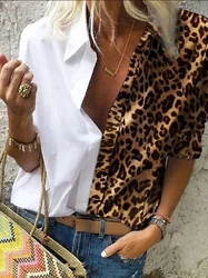 Turn down Collor Mulheres Blusa 2020 Moda Leopard Patchwork Botão Sólida Manga Longa Camisas Femininas Senhora Do Escritório Encabeça Elegante