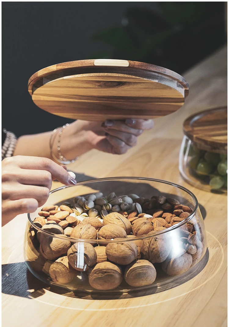 Transparent Glass Stylish Borosilicate Fruit Bowl With Real Bamboo Top - 7.9Inch