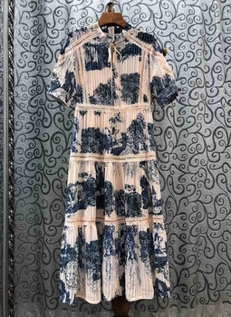 

2020 Early Spring New Women's Neckline Drawstring Lace-up Decorative Pleated Printed Stitching Short-Sleeve Dress 405