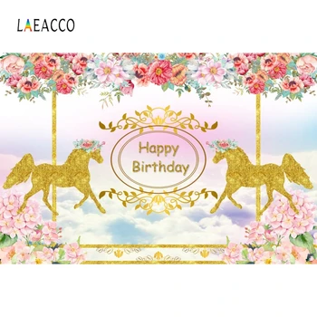 

Laeacco Sky Clouds Flowers Blossom Carousel Golden Horse Photography Backdrops Photo Backgrounds Baby Birthday Party Photophone