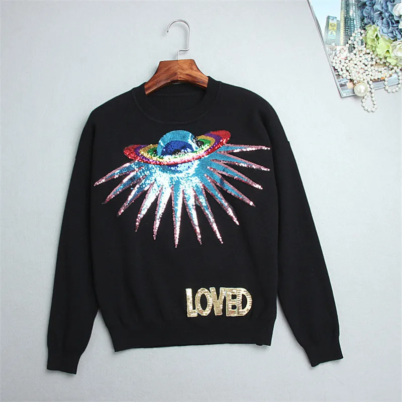 

Women Sweater Plus Size Sequin Beading Jumper LOVED Letter Jersey Runway Design Loose Long Sleeve Pullovers Knitted Tops Lolita