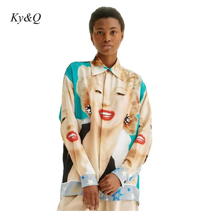 

High Street Fashion 19 Fall Loose Sexy Mary Even Monroe Printed Shirt Five-pointed Star Blouse Vintage Long Sleeve Clothes Women
