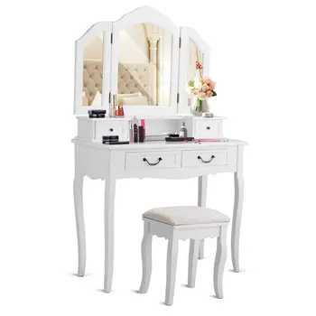 

Tri Folding Mirror White Wood Vanity Set Makeup bathroom Table Dresser 4 Drawers + Stool