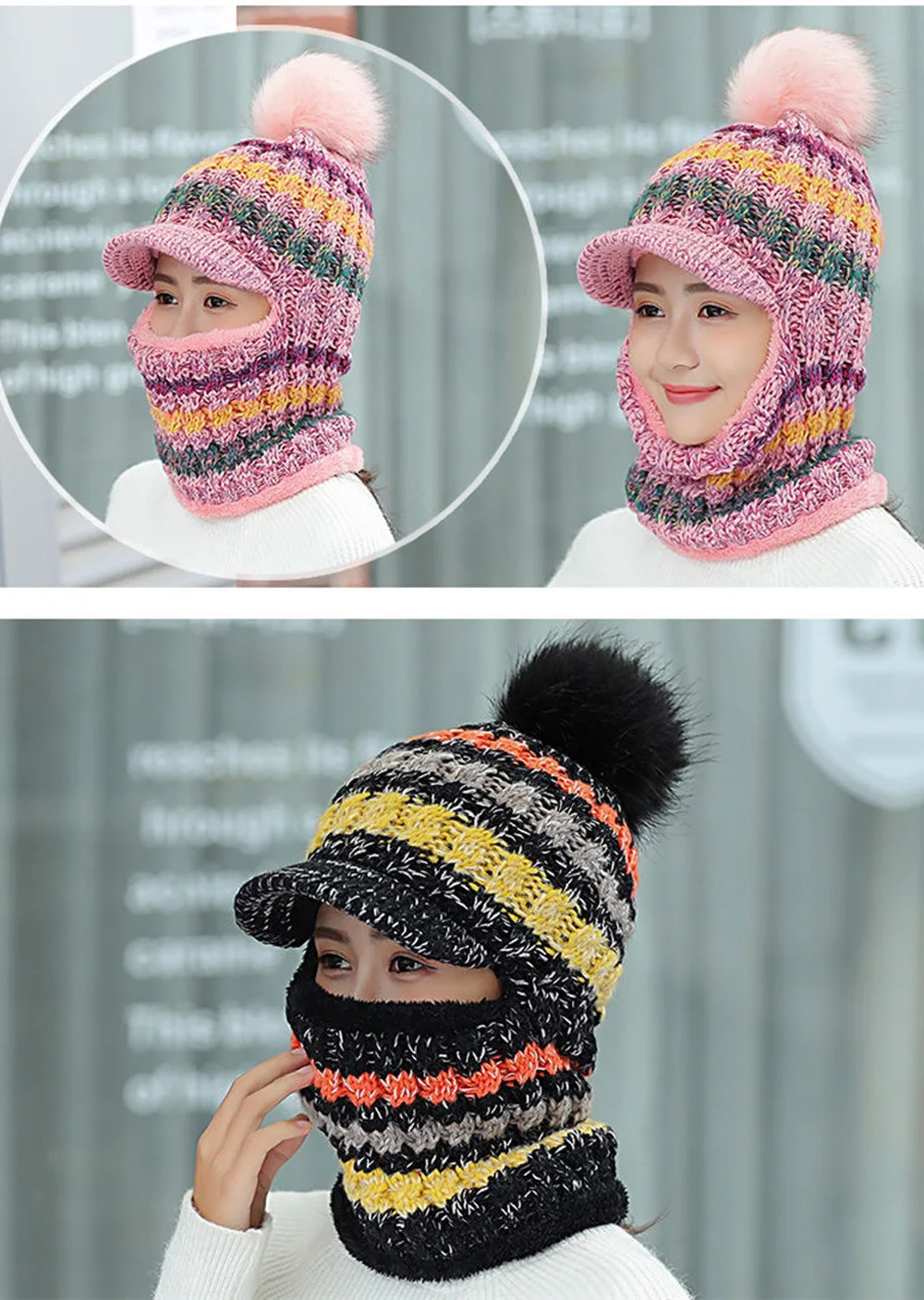 Зимние женские шапки с козырьком, смешанные цвета, вязанная шапка Skullies, женская шапка из плотного бархата с меховым помпоном, теплые шапки с капюшоном, нагрудник U1006 g