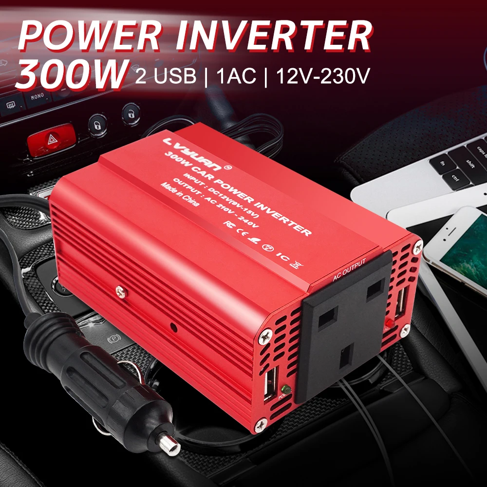 DC 12V to AC 230V Power Inverter 300W Mini Portable Voltage Converter Car Cigarette Lighter Plug UK Socket Auto Accessories | Автомобили и