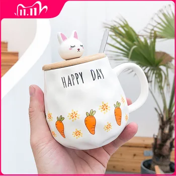 

Creative mug animal Cartoon wooden lid with spoon carrot rabbit ceramic cup water cup