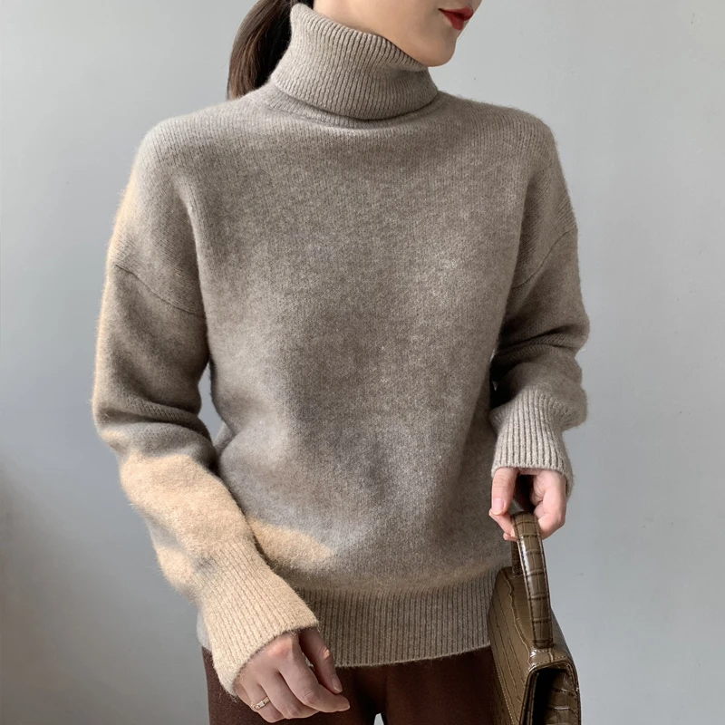 Зимний толстый свободный однотонный вязаный свитер для женщин с высоким ...