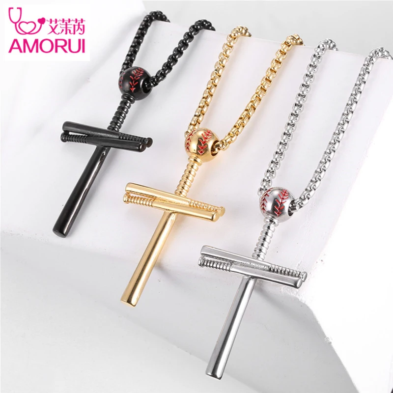 

Sporty Baseball Cross Pendant Necklace Stainless Steel Gold Silver Black Box Chain Statement Neckalces for Women Men Jewelry