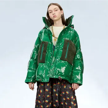 

Laser Green Winter Jacket Woman Coat Thick Warm Hooded Cotton Outwear Glossy Parka Female Plus Size Casual Snow Wear 2019