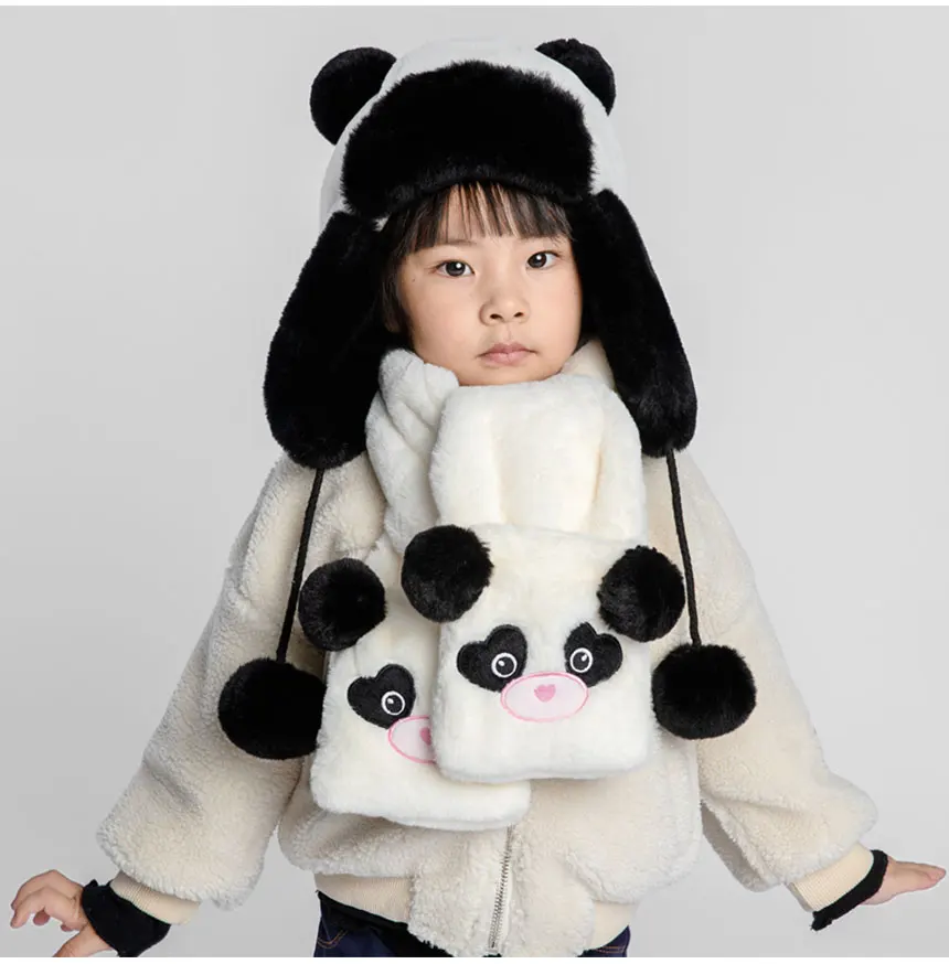 new Faux Fur panda set cap scarf children animal winter hats scarf for kids scarf winter ushanka russian hat earflap girls - Цвет: 2pcs set