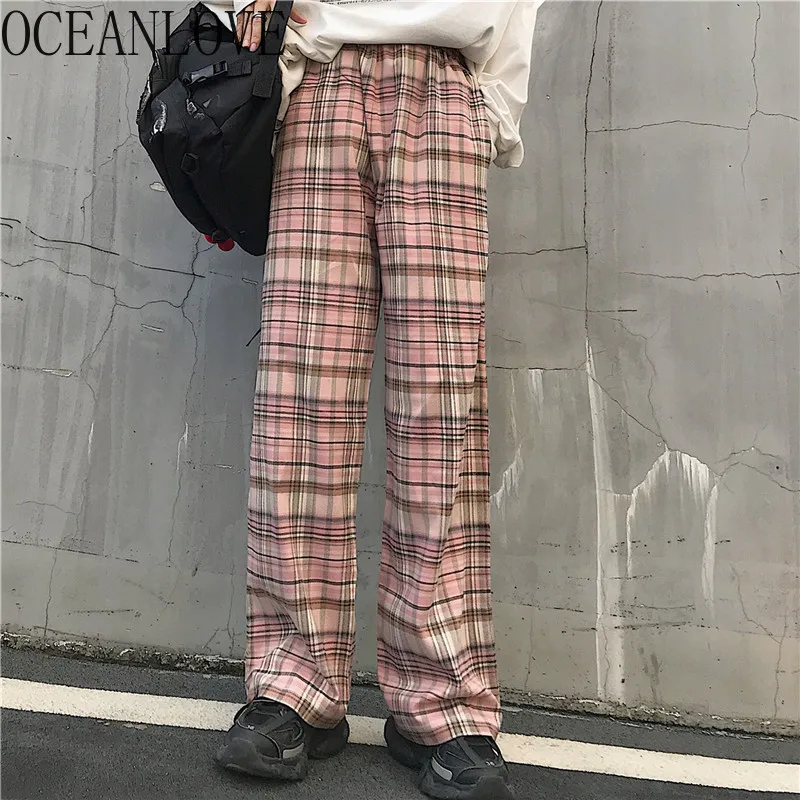 Женские свободные брюки в клетку OCEANLOVE Harajuku розовые длинные уличном стиле