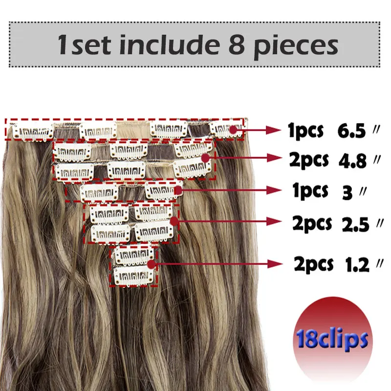 S-noilite 24 дюймов 18 зажимы длинные вьющиеся накладные волосы на застежке, 8 шт./компл. высокое Температура волокна шиньоны Синтетический зажим для наращивания волос