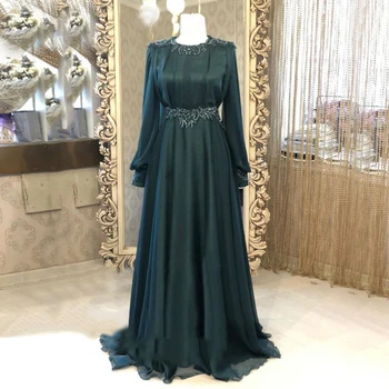 

Muslim Evening Dresses Elegant O-Neck Appliques Beaded Long Sleeves Green Tulle Morocco Kaftan Arabic Dubai Prom Party Dress